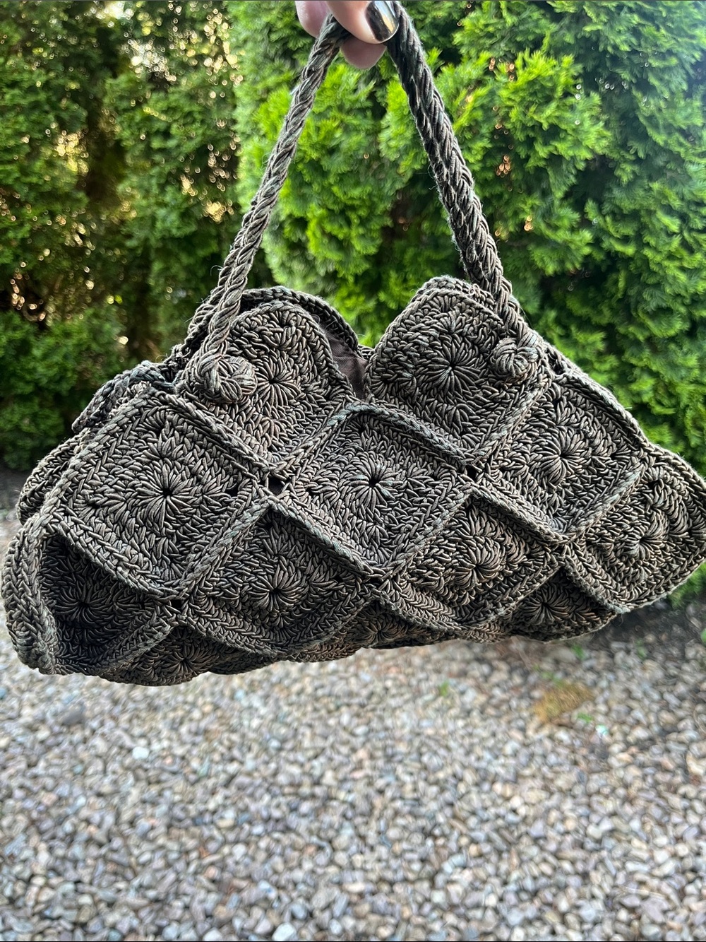 Vintage Handcrafted Olive Green Crochet Hand Bag